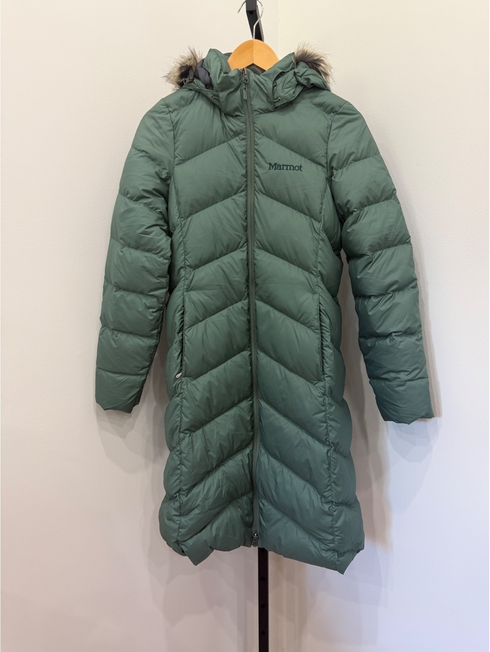 Marmot Women's Long Green Puffer Coat with Faux Fur Hood, Size Small